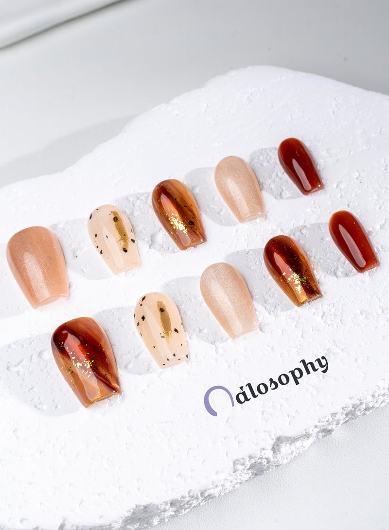 Nailosophy 10 Pcs Handmade Gel Press On Nails Long Almond Chocolate Brown Champagne Copper Chrome Gold Foil Terrazzo Reusable False Nails Nail Kit for Women Party Wedding Eid Special Occasions Gift - Image 3