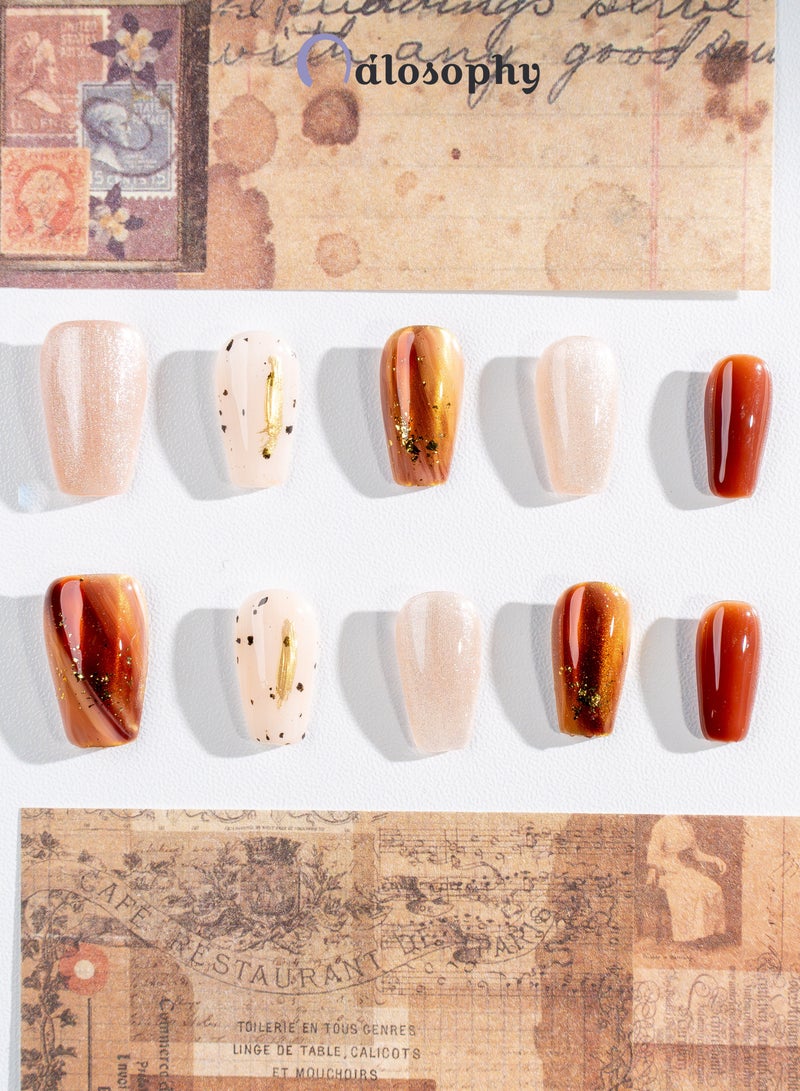 Nailosophy 10 Pcs Handmade Gel Press On Nails Long Almond Chocolate Brown Champagne Copper Chrome Gold Foil Terrazzo Reusable False Nails Nail Kit for Women Party Wedding Eid Special Occasions Gift - Image 4