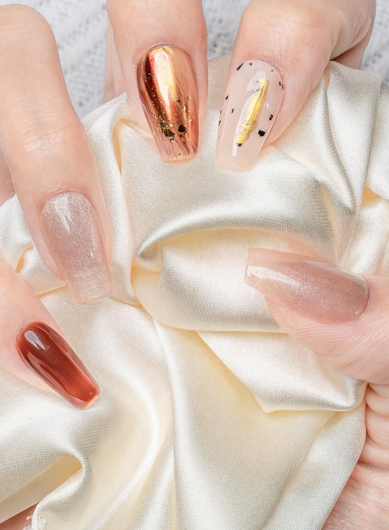 Nailosophy 10 Pcs Handmade Gel Press On Nails Long Almond Chocolate Brown Champagne Copper Chrome Gold Foil Terrazzo Reusable False Nails Nail Kit for Women Party Wedding Eid Special Occasions Gift - Image 1