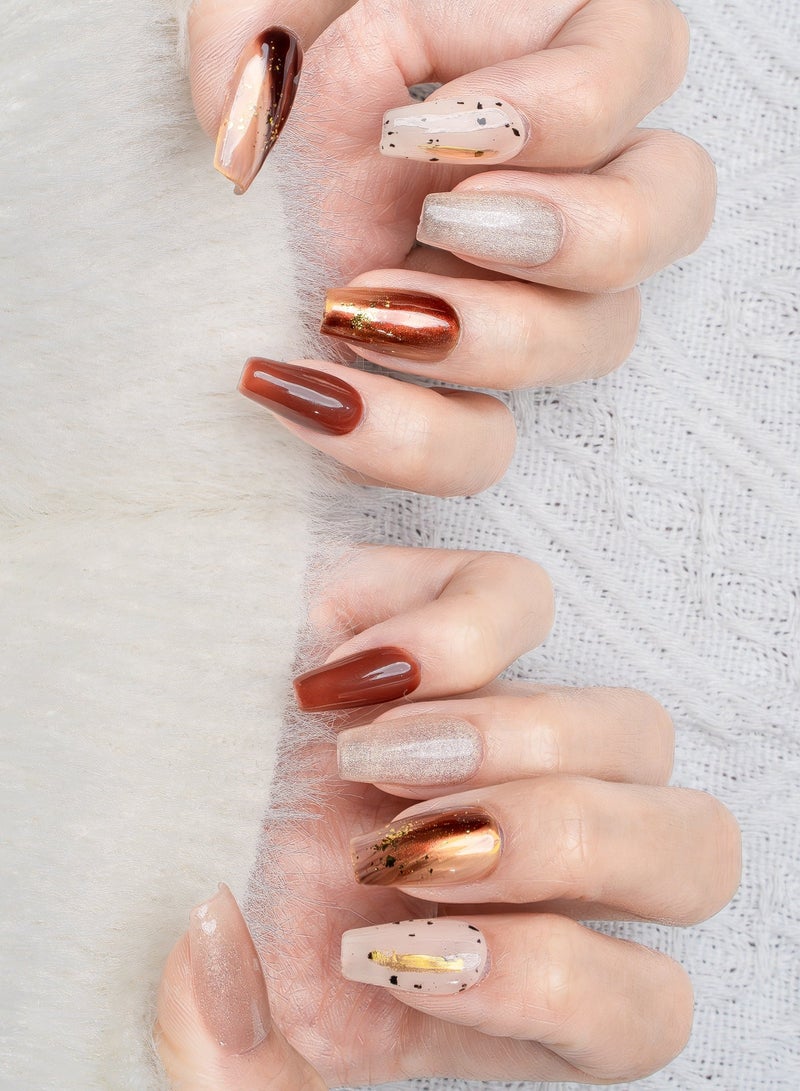Nailosophy 10 Pcs Handmade Gel Press On Nails Long Almond Chocolate Brown Champagne Copper Chrome Gold Foil Terrazzo Reusable False Nails Nail Kit for Women Party Wedding Eid Special Occasions Gift - Image 2