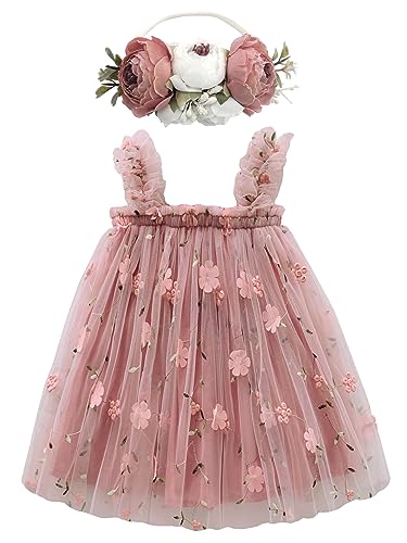 BGFKS Layered Tulle Tutu Dress for Toddler Girls,Baby Girl Rainbow Tutu Princess Skirt Set with Flower Headband.(Flower Dusty Rose,6 Months) - Image 1