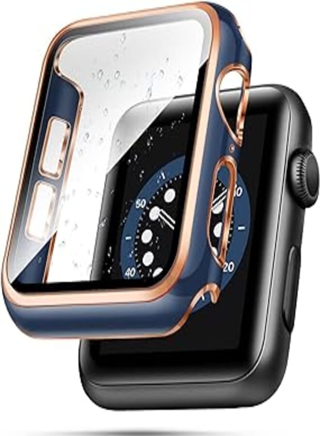 top4cus 45mm Case Compatible with Apple Watch, with Built-in Tempered Glass Screen Protector, PC Cover for iWatch Series 9/8/7/SE 2rd SE 6 5 4/3 2 for Choice (45mm, Blue + Rose Gold Edge)