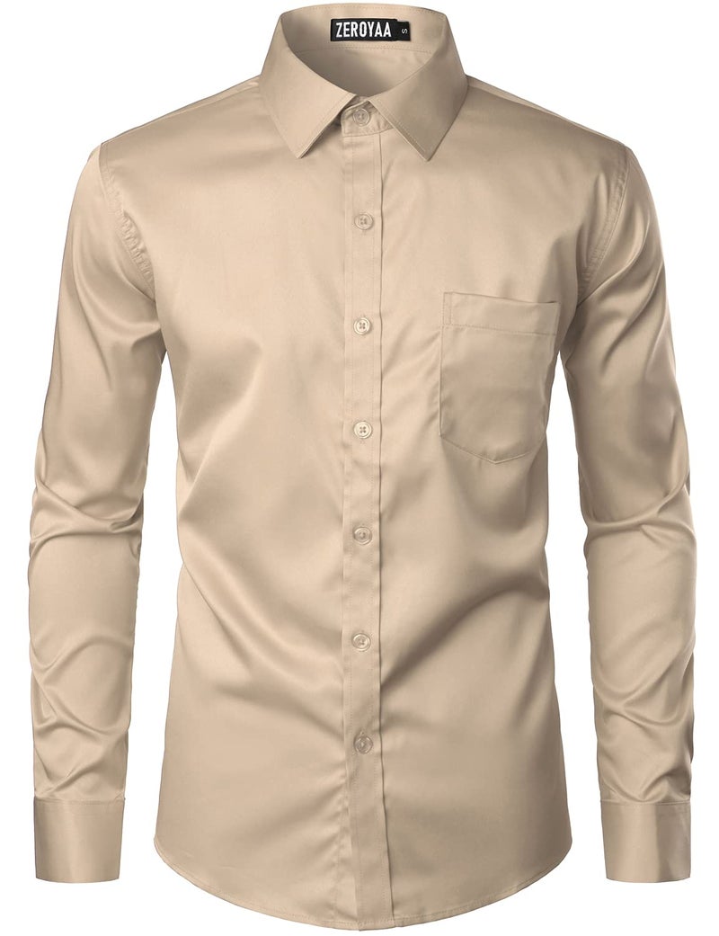 ZEROYAA Men's Urban Stylish Casual Business Slim Fit Long Sleeve Button Up Dress Shirt with Pocket ZLCL29 Khaki Small - Image 4
