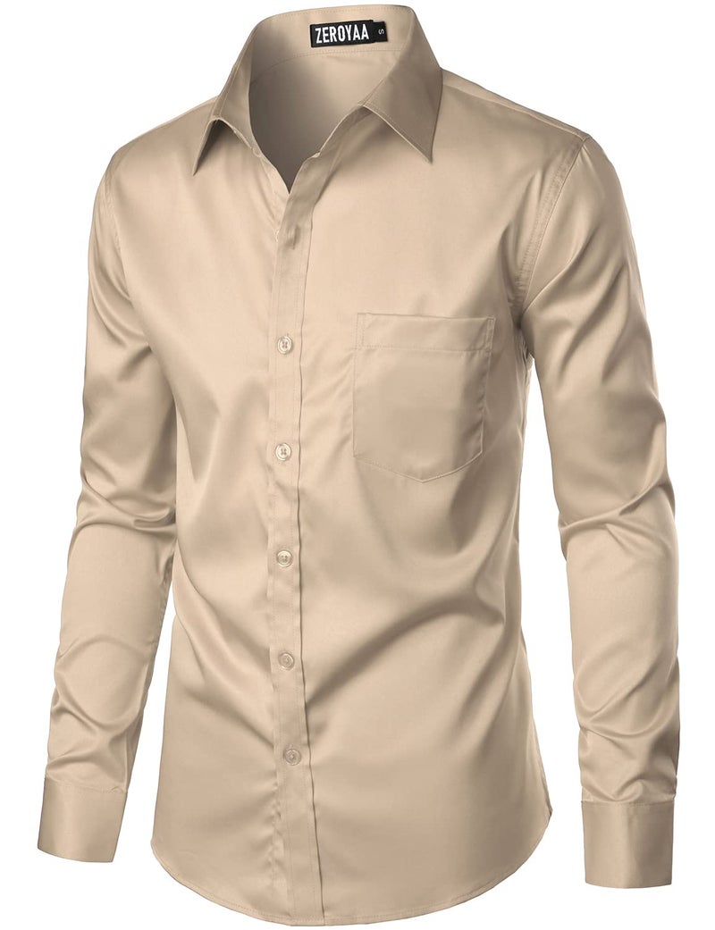 ZEROYAA Men's Urban Stylish Casual Business Slim Fit Long Sleeve Button Up Dress Shirt with Pocket ZLCL29 Khaki Small - Image 2