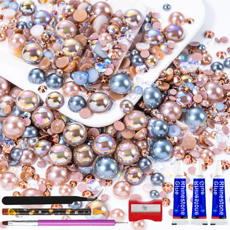 MYYKO 60g Coffee Flatback Rhinestones Half Pearls for Crafting, Mixed Size 3mm-10mm Resin Rhinestones for Bedazzling, Small Pearls for DIY Tumblers Mugs Nail Art Shoes Clothes with Glue - Image 1