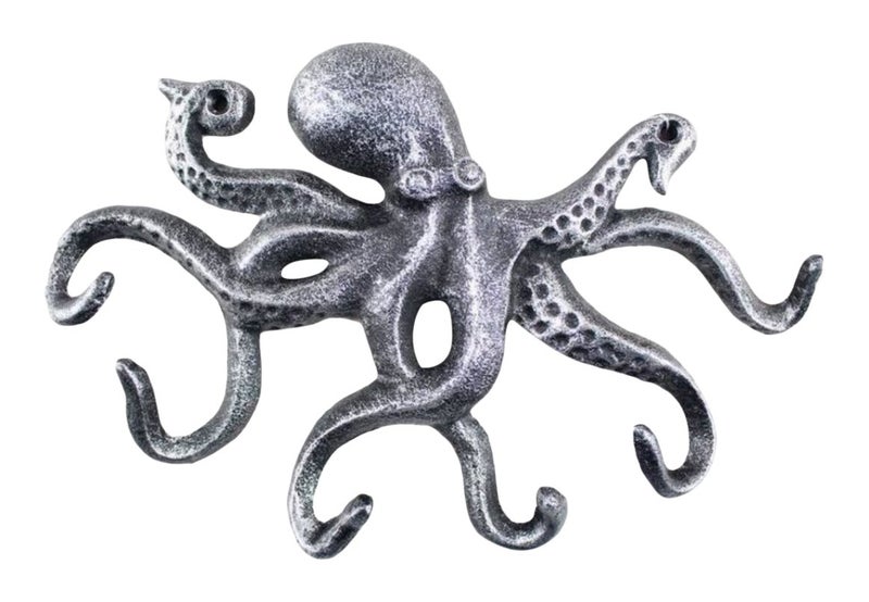 Antique Silver Cast Iron Octopus Hook 11 Inch Decorative Hook Sealife Metal Wall Hook