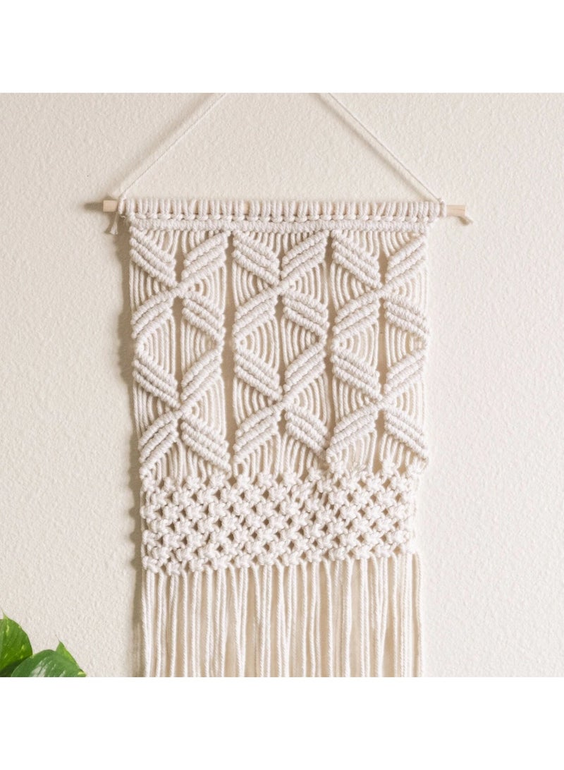 انتيكيانو هذه تعليقة جدارية مكرمية بسيطة وأنيقة، مصنوعة يدويًا من خيط قطني بلون بيج فاتح. تتميز بتصميم هندسي من العقد المتكررة في الجزء العلوي، وتفاصيل شبكية في المنتصف، تنتهي بخيوط طويلة تتدلّى بأسلوب ناعم. مثالية لإضافة لمسة طبيعية وهادئة إلى أي غرفة، خاصةً مع نباتات الزينة أو الديكور البوهيمي. - Image 2