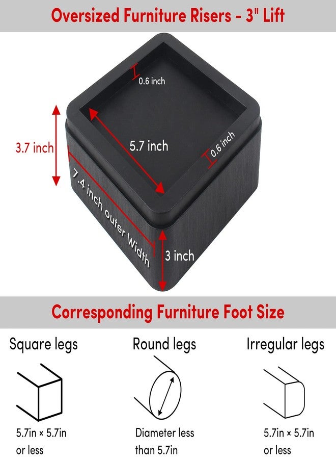 DEDU Oversized Bed Risers Heavy Duty Stackable 4 Pack, Furniture Risers for Sofas 3 Inch or 6 Inch Supports Up to 11000 Lbs, Square Bed Raising Blocks Fits 5.5 Inch Wide Desk or Couch (Black) - Image 2