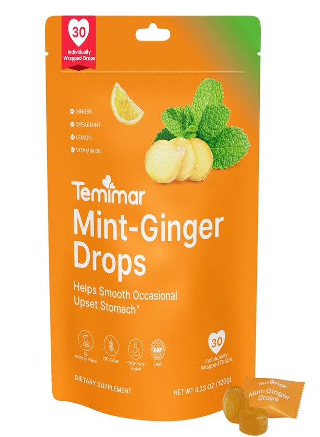 Temimar Mint-Ginger Drops, Fast-Acting Nausea Relief, Support Motion Sickness and Morning Sickness Relief, Added Vitamin B6, 30 Wrapped Ginger Candies - Image 1