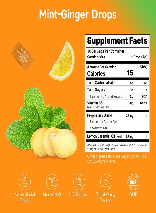 Temimar Mint-Ginger Drops, Fast-Acting Nausea Relief, Support Motion Sickness and Morning Sickness Relief, Added Vitamin B6, 30 Wrapped Ginger Candies - Image 2