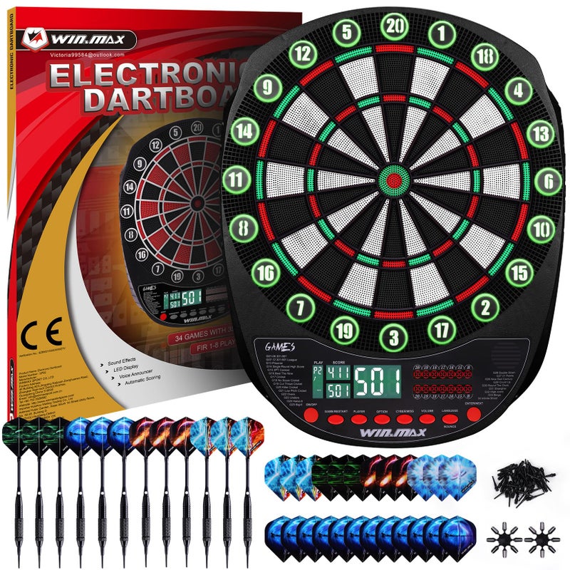 WIN.MAX Electronic Dart Board Soft Tip Dartboard Set LED Displays 3 Languges with 12 Darts 100 Tips Power - Image 1