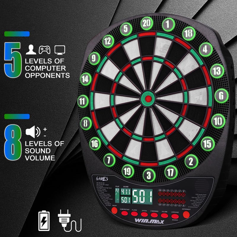 WIN.MAX Electronic Dart Board Soft Tip Dartboard Set LED Displays 3 Languges with 12 Darts 100 Tips Power - Image 4