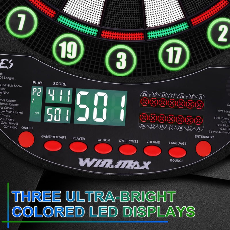 WIN.MAX Electronic Dart Board Soft Tip Dartboard Set LED Displays 3 Languges with 12 Darts 100 Tips Power - Image 2