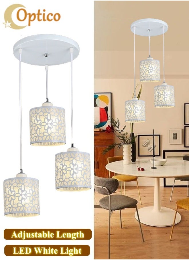 Optico 3-Light Pendant Light, Ceiling Light Hanging Light with Adjustable Cord and Hollowed Shade Modern Chandelier Pendant Lighting Kitchen Light Hallway Light Staircase Light with LED White Light for Farmhouse Living Dining Room Entryway (White)  - Image 1