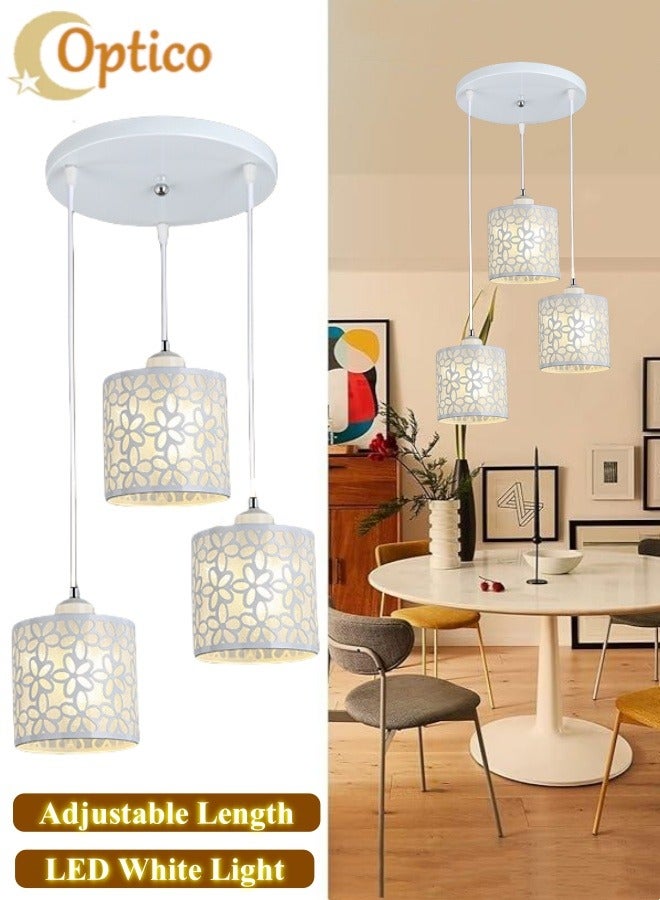 Optico 3-Light Pendant Light, Ceiling Light Hanging Light with Adjustable Cord and Hollowed Shade Modern Chandelier Pendant Lighting Kitchen Light Hallway Light Staircase Light with LED White Light for Farmhouse Living Dining Room Entryway (White) - Image 2