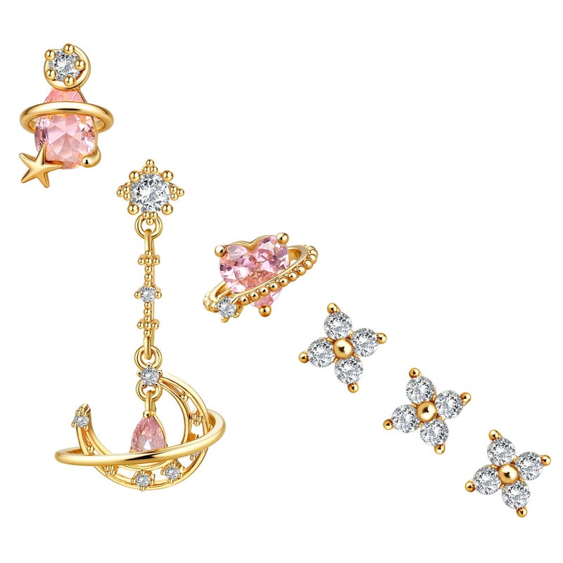 Krfy 6 Pcs Dainty 14K Gold Plated Earrings for Women - Sterling Silver Post Hypoallergenic Cartilage Earrings for Women CZ Universe Dangle Earrings Stud Earring Sets for Multiple Piercing - Image 3