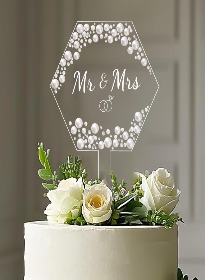 Coucoland Mr and Mrs Cake Topper - Hexagon Wedding Cake Decor with Rhinestones and Pearls for Engagement Bridal Anniversary - Image 1