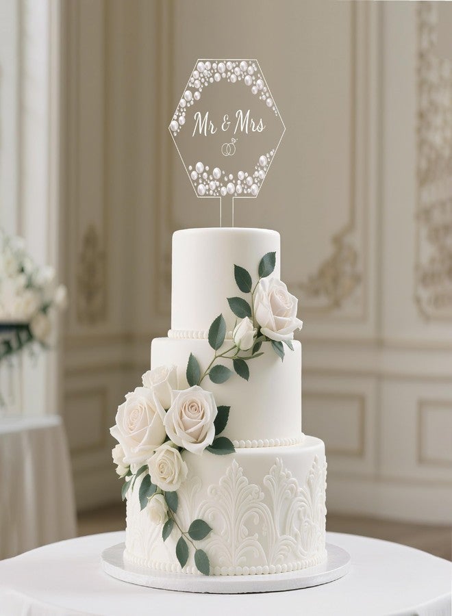 Coucoland Mr and Mrs Cake Topper - Hexagon Wedding Cake Decor with Rhinestones and Pearls for Engagement Bridal Anniversary - Image 2