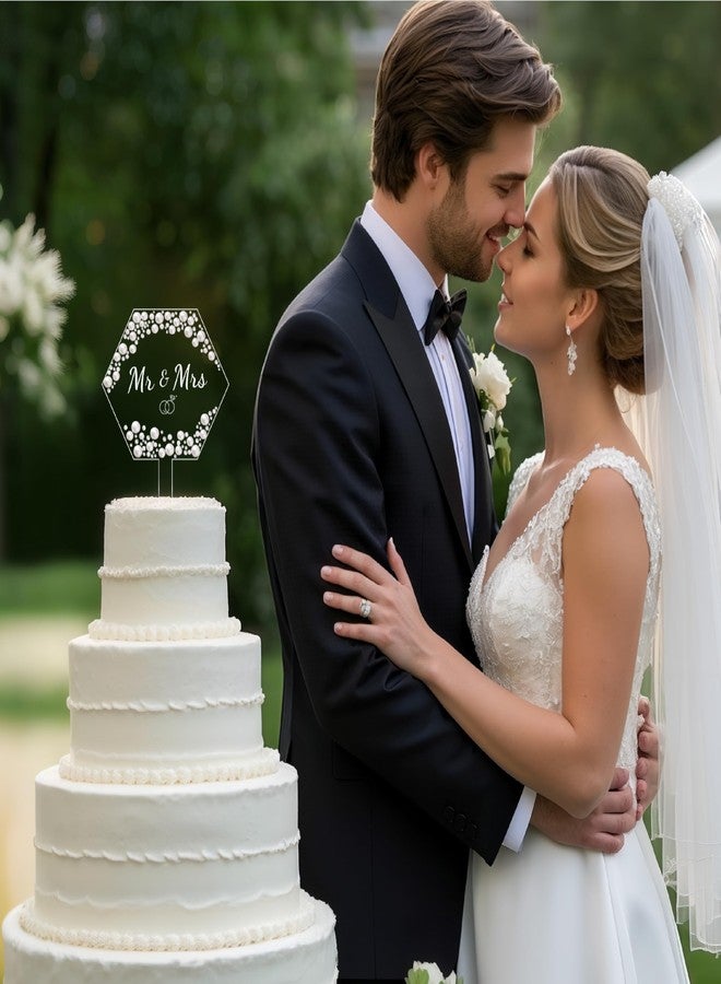 Coucoland Mr and Mrs Cake Topper - Hexagon Wedding Cake Decor with Rhinestones and Pearls for Engagement Bridal Anniversary - Image 4