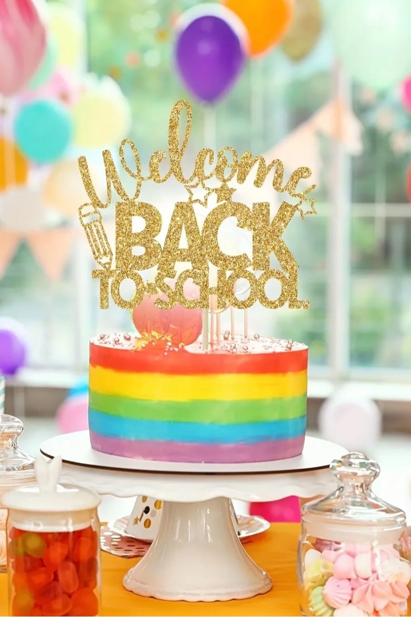 Welcome Back to School Cake Topper, Gold Glitter Cupcake Muffins Decoration Baking Supplies for Students Teacher Surprise Present Gift Idea Party Sweet Treats Tableware - Image 2
