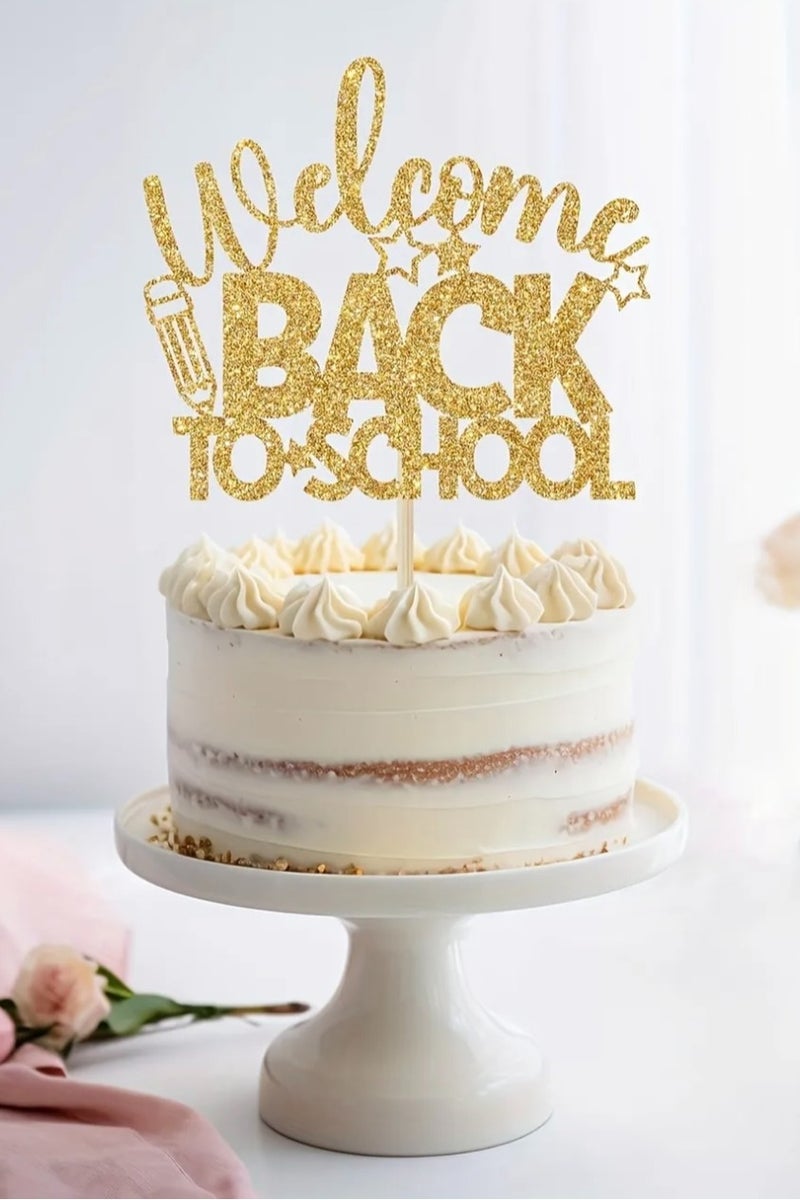 Welcome Back to School Cake Topper, Gold Glitter Cupcake Muffins Decoration Baking Supplies for Students Teacher Surprise Present Gift Idea Party Sweet Treats Tableware - Image 3