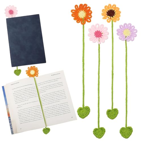 OFIFO® 4Pcs Crochet Flower Bookmarks Set, Handmade Daisy Knitting Bookmark for School, College, Office, Reading Accessories, Cute Gifts for Girls, Students, Teachers, Book Lovers - Image 1