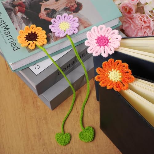 OFIFO® 4Pcs Crochet Flower Bookmarks Set, Handmade Daisy Knitting Bookmark for School, College, Office, Reading Accessories, Cute Gifts for Girls, Students, Teachers, Book Lovers - Image 4