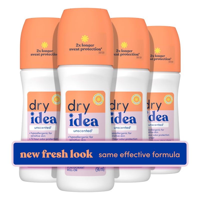 Dry Idea مزيل العرق رول أون غير معطر من دراي إيديا للنساء - مضاد للتعرق للبشرة الحساسة، حماية من التعرق لمدة 2X أطول، حماية من التعرق والرائحة لمدة 72 ساعة، مزيل عرق للنساء، 3.25 أونصة (4 عبوات) - Image 1
