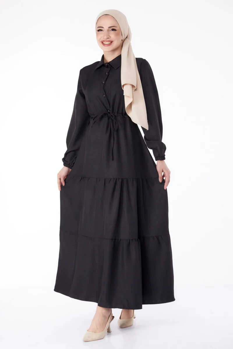 Tofisa Plain Shirt Collar Women's Black Buttoned Lace-Up Dress - 25522