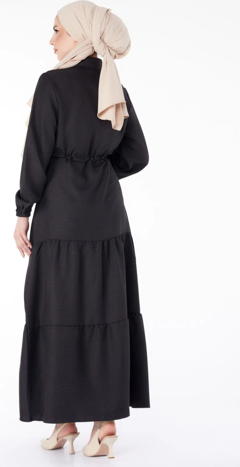 Tofisa Plain Shirt Collar Women's Black Buttoned Lace-Up Dress - 25522
