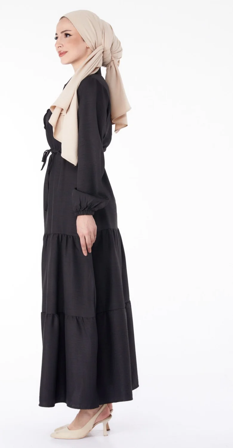 Tofisa Plain Shirt Collar Women's Black Buttoned Lace-Up Dress - 25522