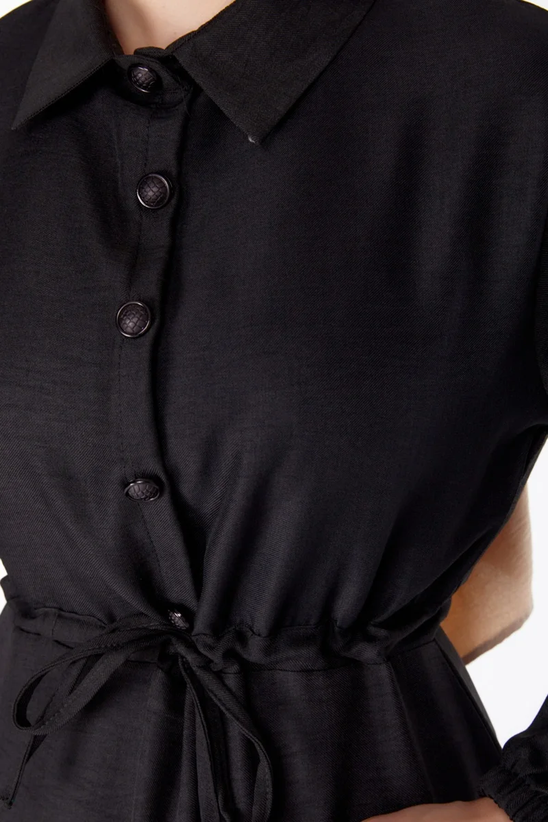 Tofisa Plain Shirt Collar Women's Black Buttoned Lace-Up Dress - 25522