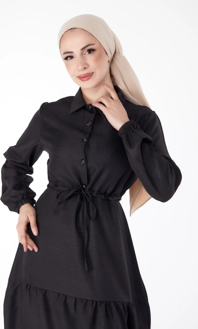 Tofisa Plain Shirt Collar Women's Black Buttoned Lace-Up Dress - 25522