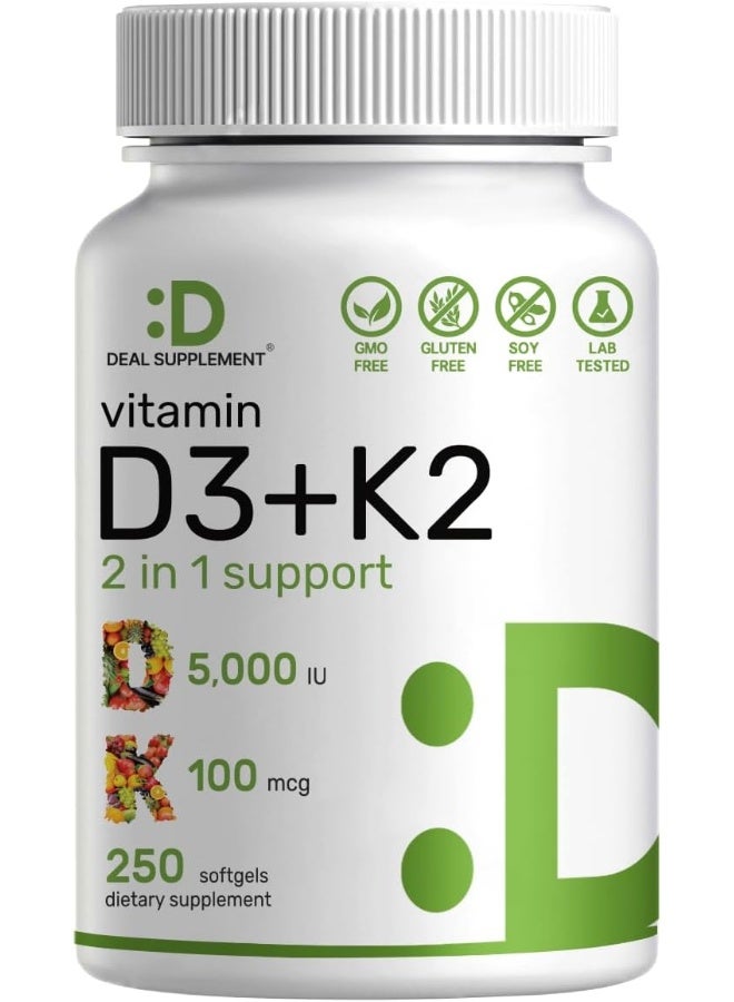 DEAL SUPPLEMENT فيتامين د3 ك2 سوفتغيل، 250 عدداً، مركب 2-1، فيتامين د3 5000 وحدة دولية وفيتامين ك2 Mk7 - Image 1