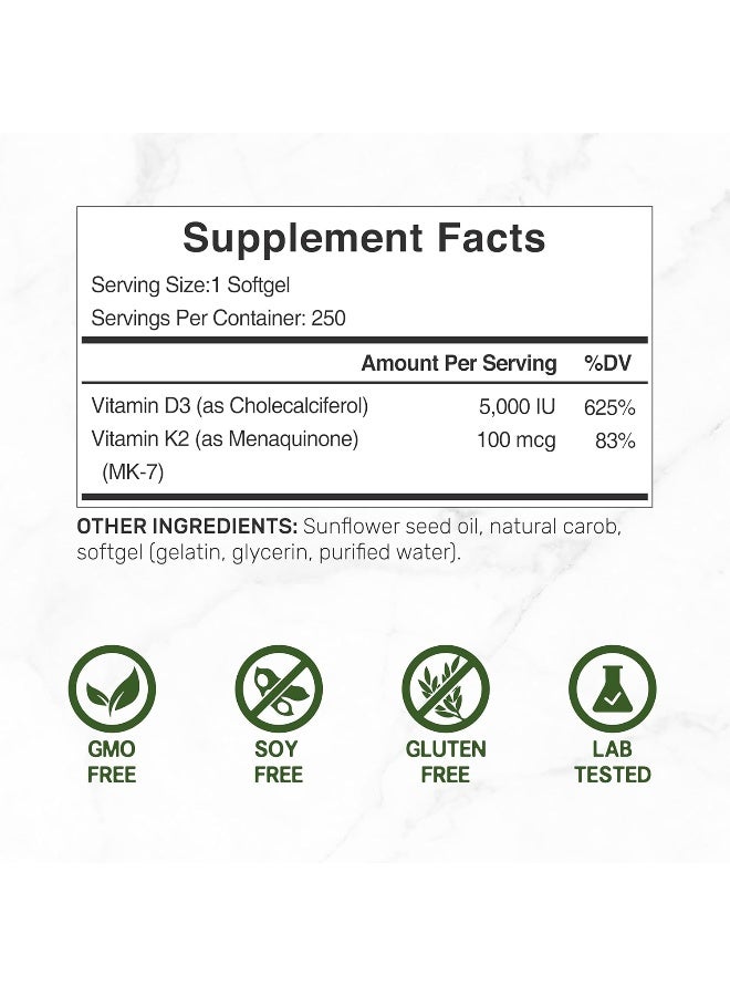 DEAL SUPPLEMENT فيتامين د3 ك2 سوفتغيل، 250 عدداً، مركب 2-1، فيتامين د3 5000 وحدة دولية وفيتامين ك2 Mk7 - Image 2