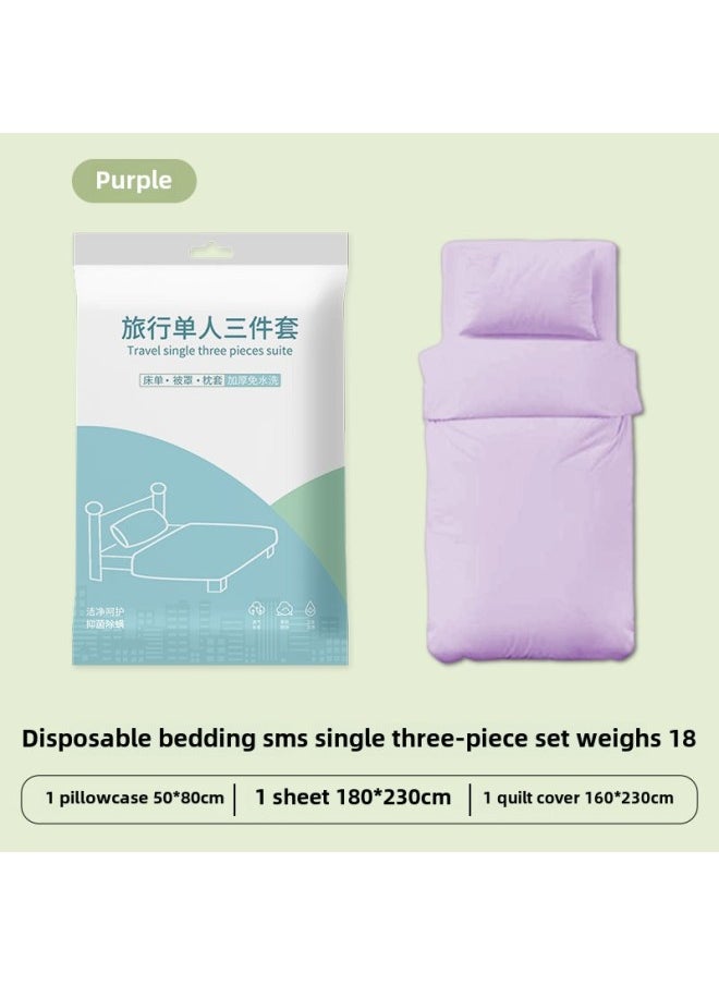 Generic Hotel Disposable Bed Sheet Four-piece Quilt Cover Pillowcase Quilt Cover Travel Travel Double Bed Supplies Dirty Thickened-Color:Single Purple Three-piece Set  - Image 1