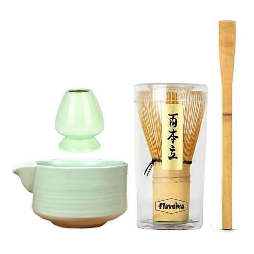 Flavoma (Set of 4) Japanese Handmade Bamboo Matcha Whisk (Match Brush Japanese Style) + Traditional Scoop (Chashaku) + Ceramic Tea Bowl + Ceramic Tea Whisk Holder - Image 2