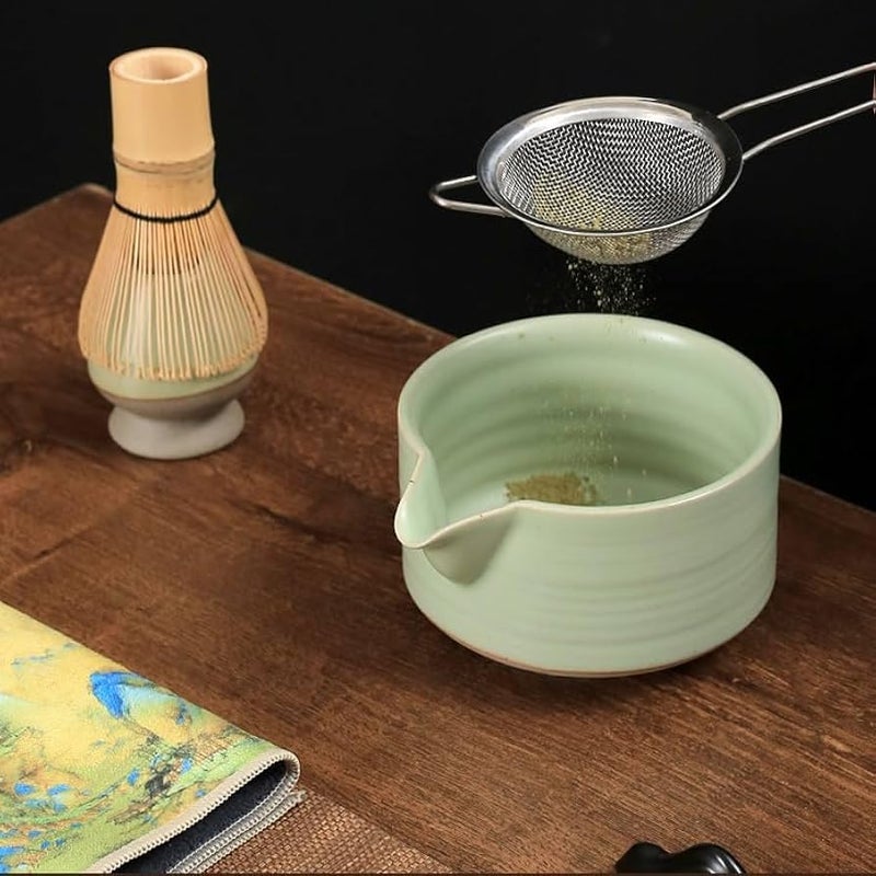 Flavoma (Set of 4) Japanese Handmade Bamboo Matcha Whisk (Match Brush Japanese Style) + Traditional Scoop (Chashaku) + Ceramic Tea Bowl + Ceramic Tea Whisk Holder - Image 3