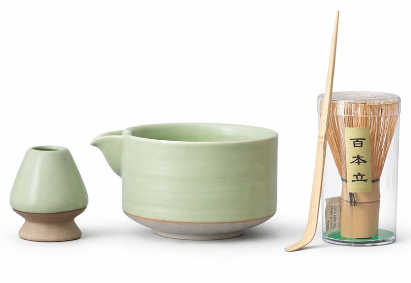 Flavoma (Set of 4) Japanese Handmade Bamboo Matcha Whisk (Match Brush Japanese Style) + Traditional Scoop (Chashaku) + Ceramic Tea Bowl + Ceramic Tea Whisk Holder - Image 1