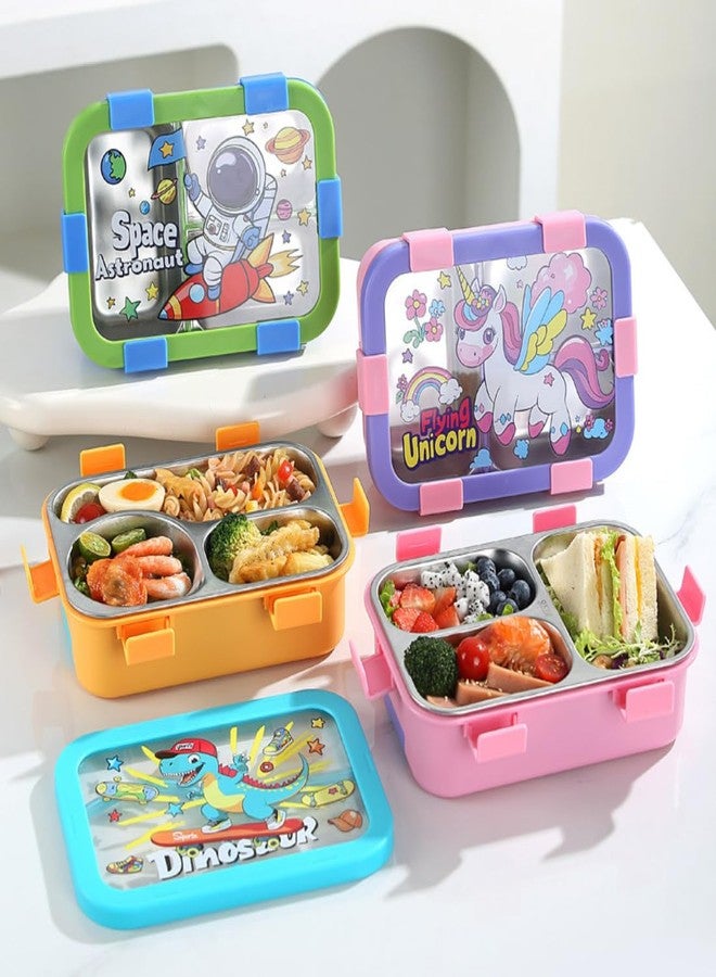aDai Kids Bento Lunch Box with Stainless Steel 3 Compartments | 700ml Leak-Resistant Lid | Cartoon Printed Lunch Box for School & Travel | Easy Lock Design | BPA-Free (Blue) - Image 4