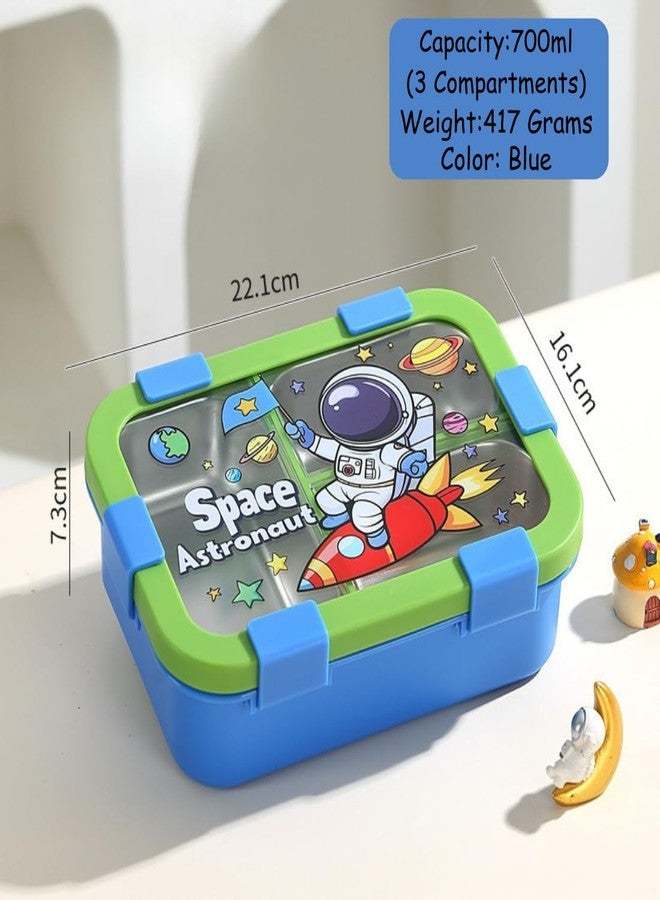 aDai Kids Bento Lunch Box with Stainless Steel 3 Compartments | 700ml Leak-Resistant Lid | Cartoon Printed Lunch Box for School & Travel | Easy Lock Design | BPA-Free (Blue) - Image 2