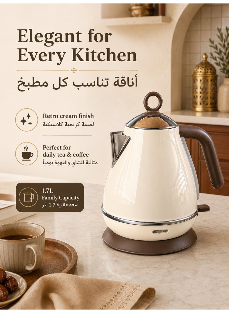 Three sheep Electric Kettle, 1.7L 2000W Fast Boil Retro Electric Tea Kettle with Auto Shut-Off & Boil Dry Protection, BPA-Free Stainless Steel Hot Water Boiler, 360° Swivel Base, Cream White - Image 5