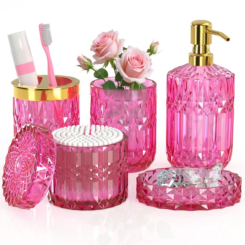 QIQU Hot-Pink Glass Bathroom Accessories Set 5 Pcs, Hot-Pink Bathroom Set, Soap Dispenser and Toothbrush Holder Set, Qtip Holder Set, Vintage Bathroom Sink Set, Cute Bathroom Decor - Image 1