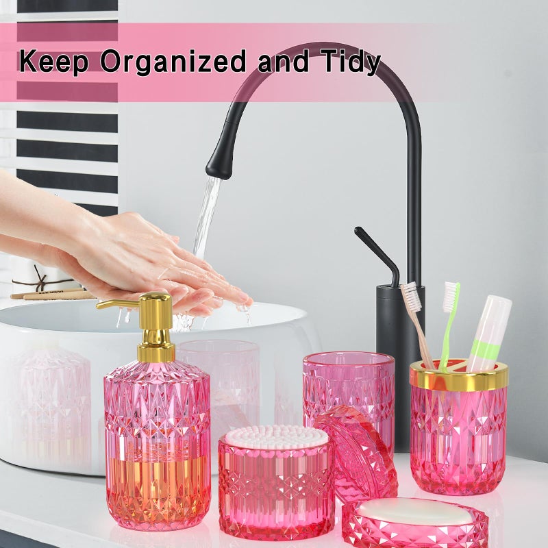 QIQU Hot-Pink Glass Bathroom Accessories Set 5 Pcs, Hot-Pink Bathroom Set, Soap Dispenser and Toothbrush Holder Set, Qtip Holder Set, Vintage Bathroom Sink Set, Cute Bathroom Decor - Image 4