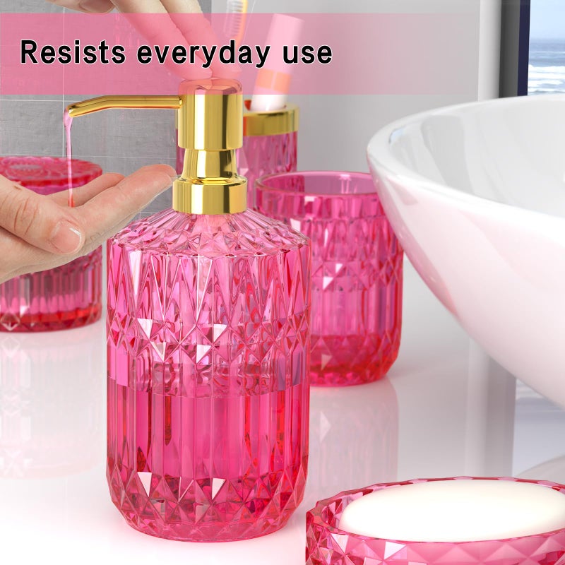 QIQU Hot-Pink Glass Bathroom Accessories Set 5 Pcs, Hot-Pink Bathroom Set, Soap Dispenser and Toothbrush Holder Set, Qtip Holder Set, Vintage Bathroom Sink Set, Cute Bathroom Decor - Image 5