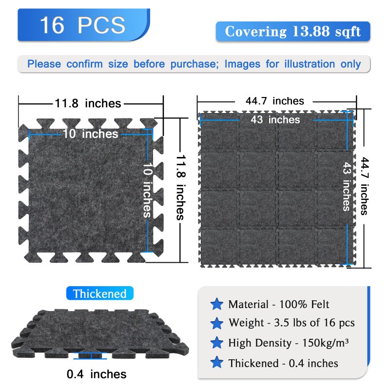 BXI Soundproof Interlocking Rug Pad 16 Pcs, 11x 11 x 0.4 inches Non Slip Rug Pads, High Density Noise Reduction Puzzle Felt Carpet Padding, Rug Mat Protects and Adds Cushion for Hardwood Floor - Image 2
