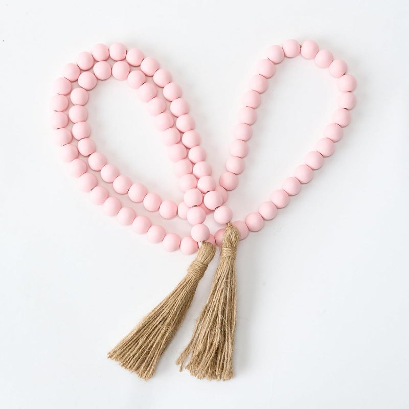 OMISHE 59in Wood Bead Garland with Tassels, Decorative Beads Decor, Farmhouse Wooden Beads Garland for Wall Hanging Home Festival Decor, Pink - Image 1