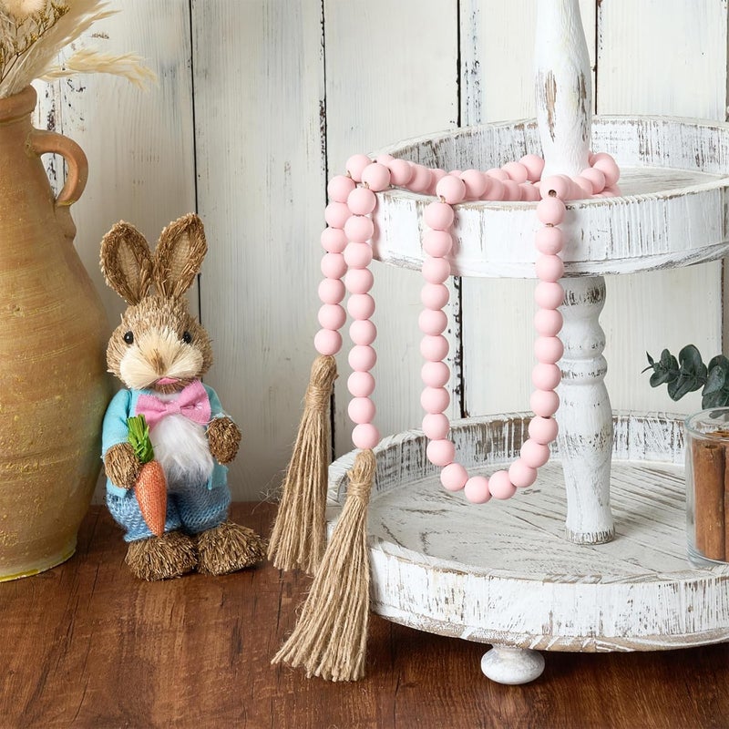 OMISHE 59in Wood Bead Garland with Tassels, Decorative Beads Decor, Farmhouse Wooden Beads Garland for Wall Hanging Home Festival Decor, Pink - Image 5
