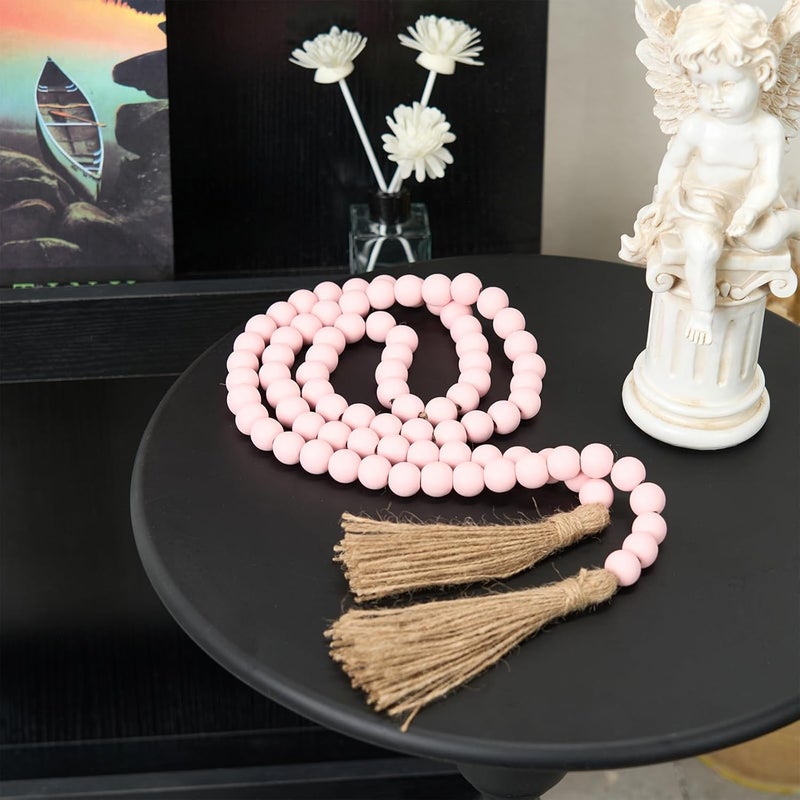 OMISHE 59in Wood Bead Garland with Tassels, Decorative Beads Decor, Farmhouse Wooden Beads Garland for Wall Hanging Home Festival Decor, Pink - Image 3