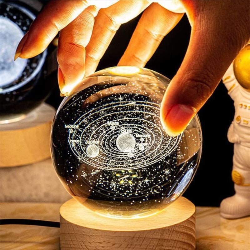 Solar System Crystal Ball Night Light: 3D Engraved Decorative USB Lamp with Dimmable Warm White Lighting for Kids Bedroom, Office Desk - Rechargeable Portable Ambient Light for Astronomy Lovers - Image 2